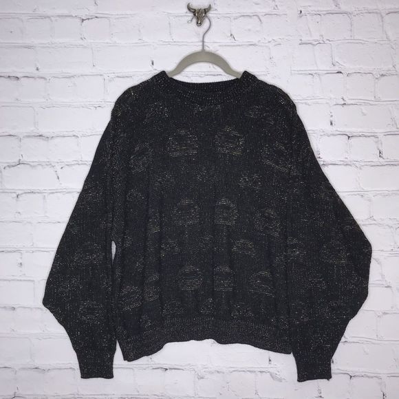 Vintage Sweaters - Vintage Black Sweater with Metallic Gold Threads